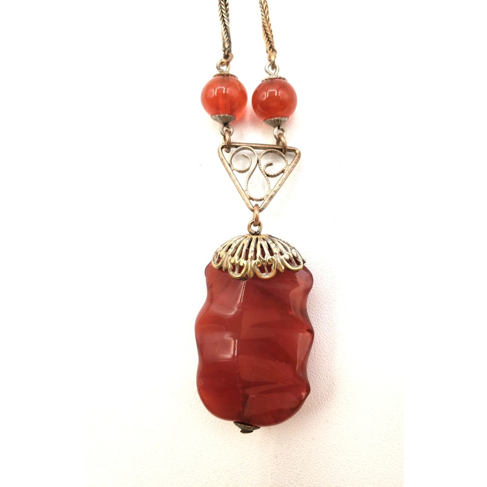 Vintage Carnelian Necklace 14" Double Strand Gold Tone Chain